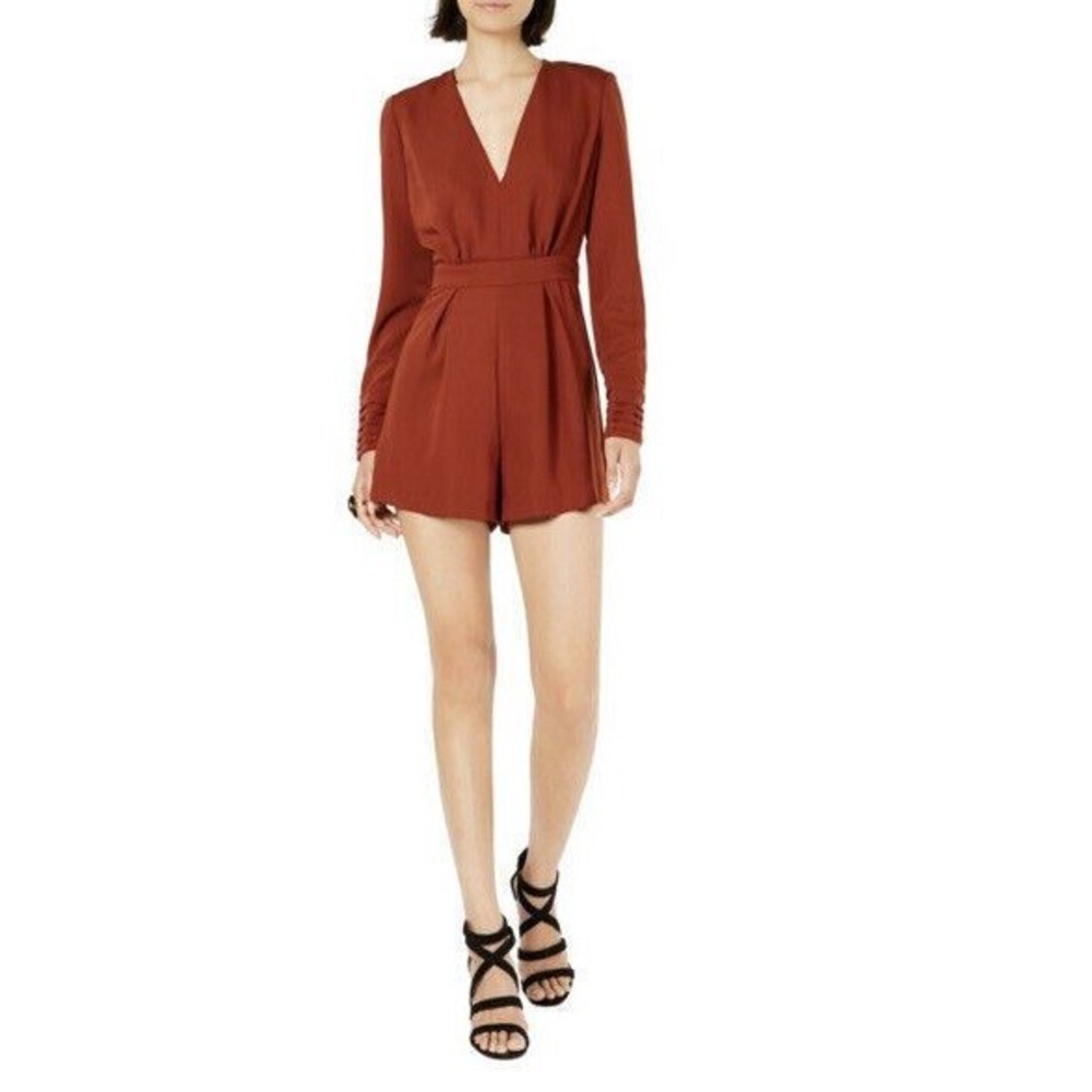 Leyden Women's Romper‎ Rust Brown S Small Satin Pleated Plunge V-Neck